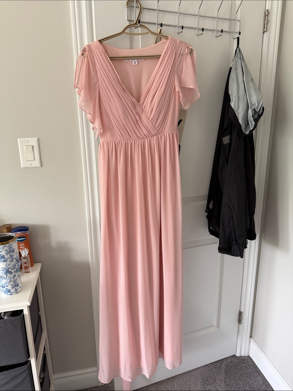 V-Neck Flutter Sleeve Maxi Dress in Soft Pink